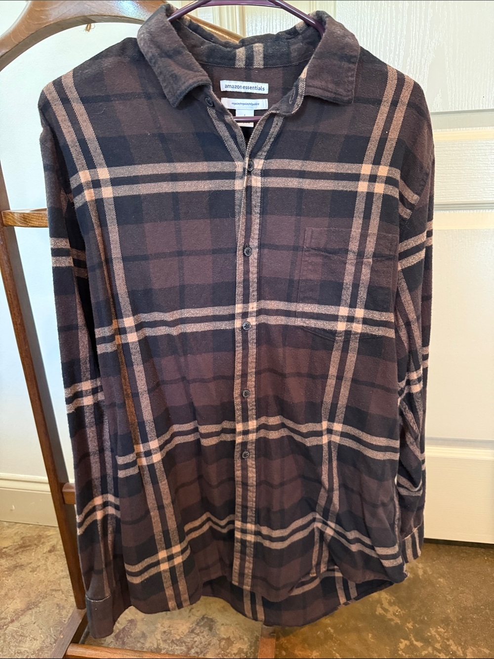 Amazon Essentials Black and Brown Plaid Button-Up Shirt
